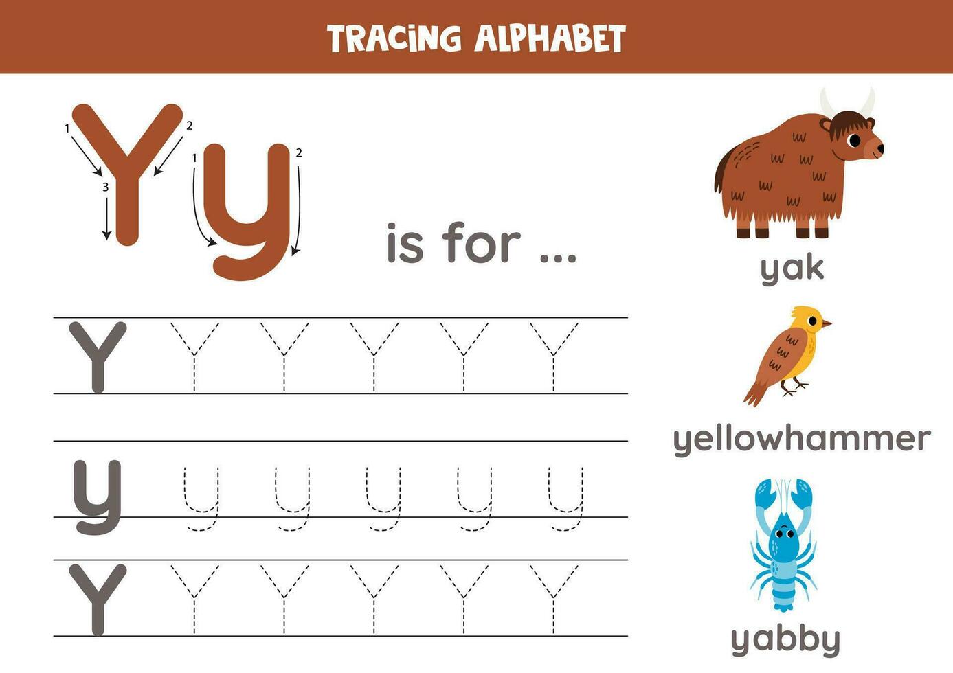 spårande Allt brev av engelsk alfabet. förskola aktivitet för ungar. skrivning versal och små bokstäver brev y. söt illustration av jak, jabb, gulsparv. tryckbar arbetsblad. vektor