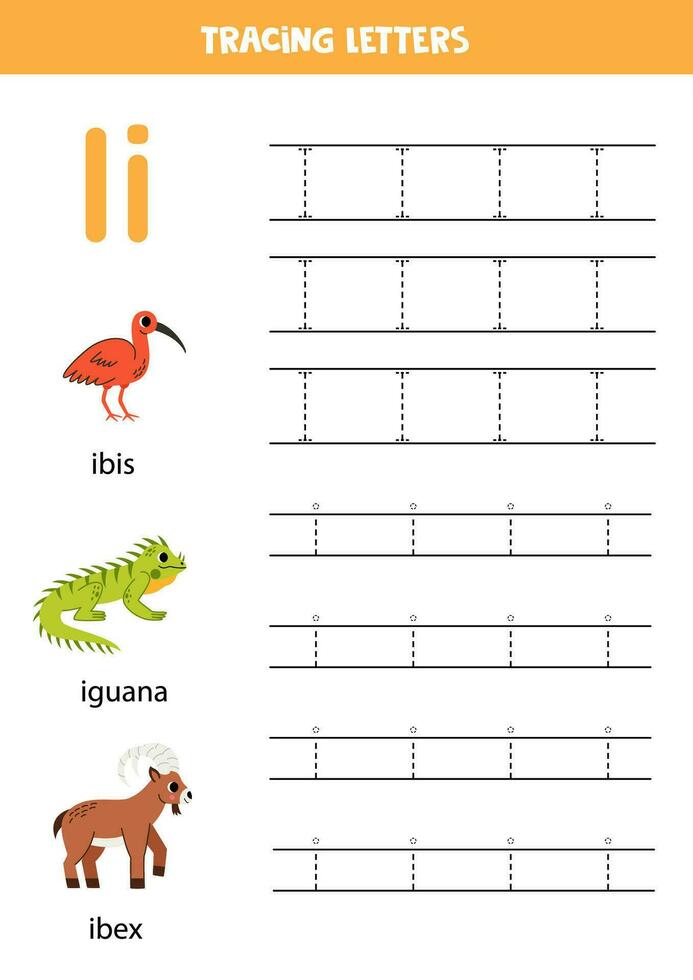 spårande alfabet brev för ungar. djur- alfabet. brev jag är för leguan ibis och stenbock. vektor