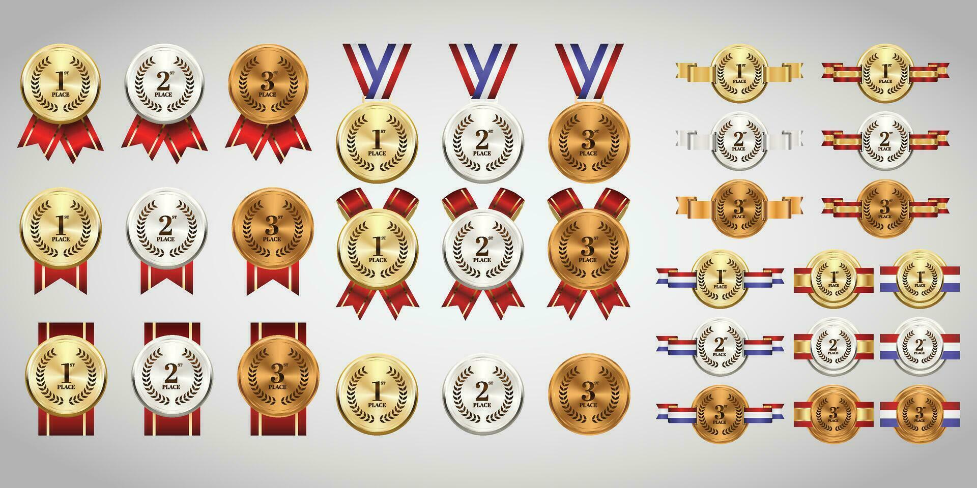 guld, silver- och brons medaljer på band realistisk illustrationer uppsättning vektor