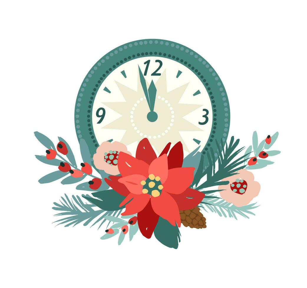 Mauer Uhr dekoriert mit Blumen. Weihnachten und glücklich Neu Jahr isoliert Illustration. Vektor Design Vorlage.