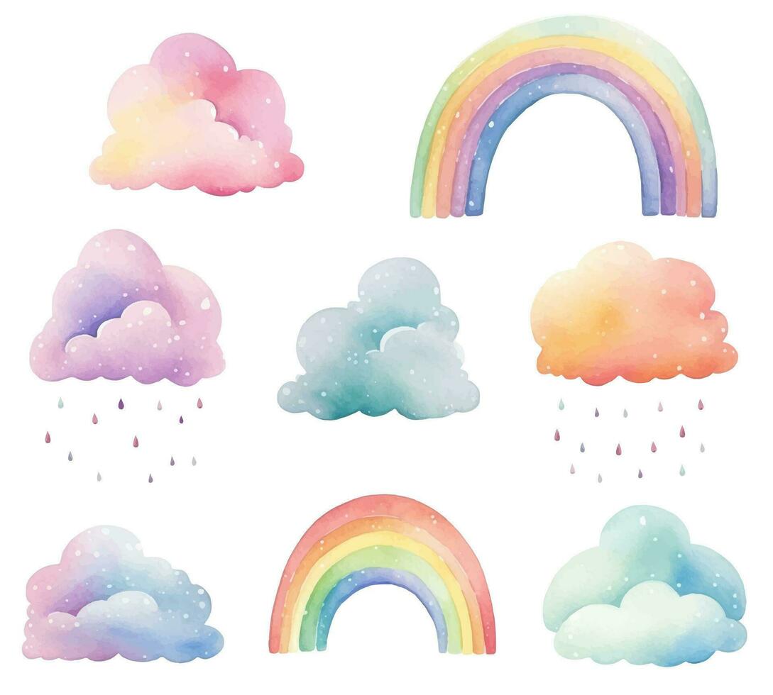 einstellen von Aquarell Regenbogen Wolken. Fantasie Pastell- Farbe. Vektor Kindergarten Elemente