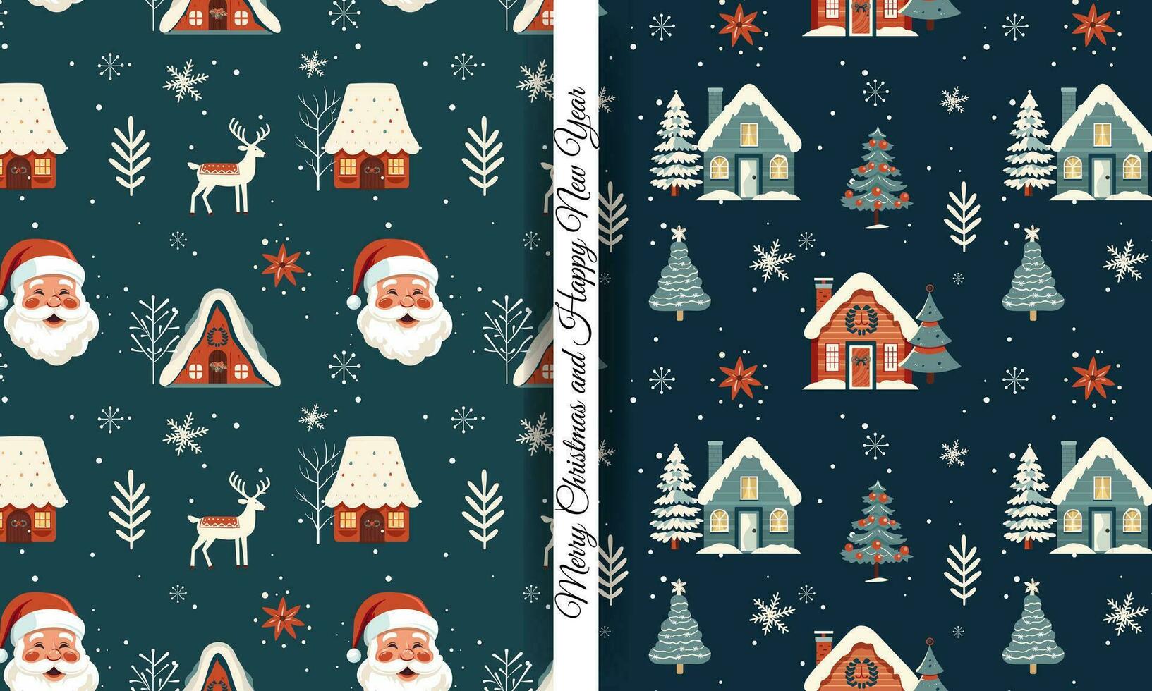 einstellen von Winter nahtlos Muster mit süß Santa und Häuser. skandinavisch Weihnachten Muster. Winter Hintergrund vektor