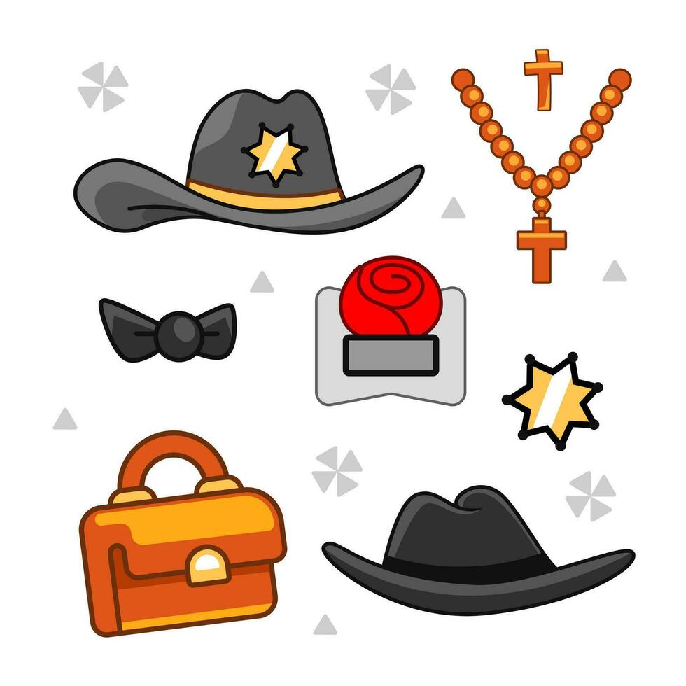 einstellen von Vektor Elemente, Karikatur Stil Zubehör, Cowboy Hut, Sheriffs Stern, Rose zum Anzug, Aktentasche, Sheriffs Hut, Bogen binden.