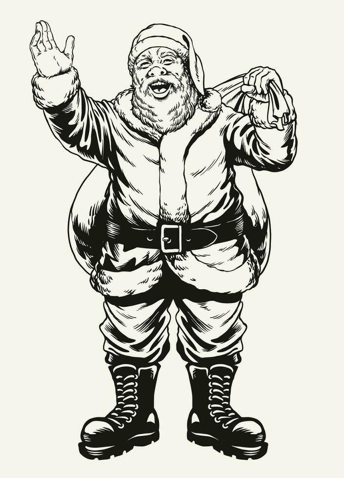 årgång hand dragen santa claus illustration bära stor säck av närvarande vektor