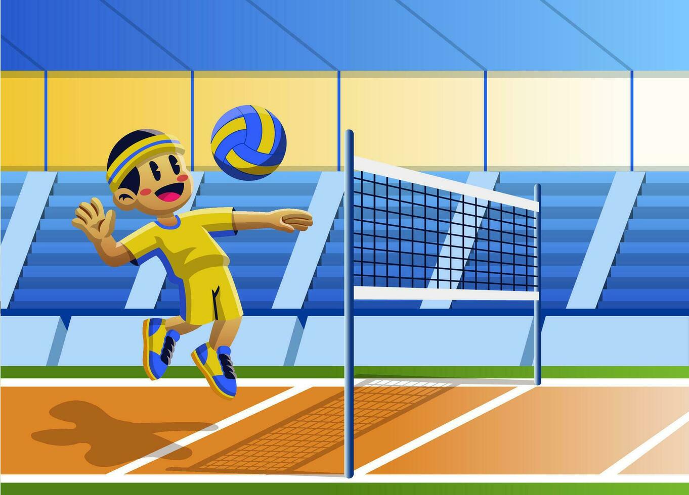 tecknad serie pojke spelar volleyboll inomhus- domstol vektor