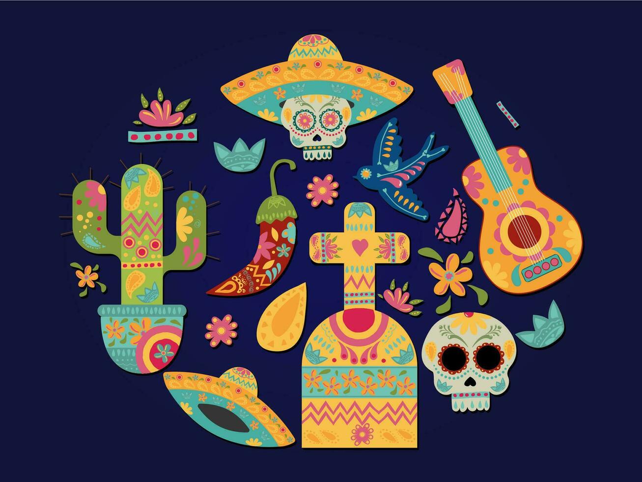 spanisch Mexikaner Kultur. traditionell Blume und Schädel Elemente. fest, Tag von tot. Hand gezeichnet Vektor Elemente. Vektor Illustration