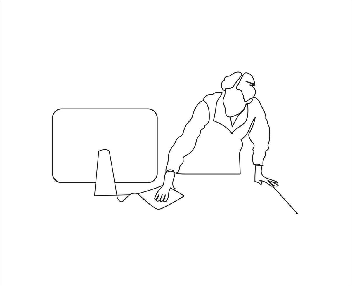 ein Frau Reinigung das Büro Schreibtisch kontinuierlich Linie Zeichnung vektor