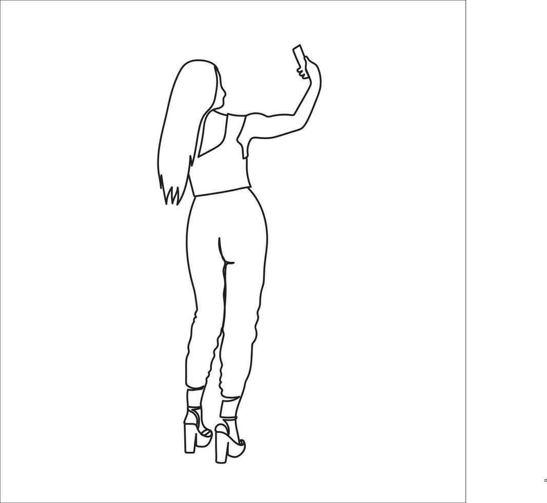 kvinna tar selfie linje teckning vektor