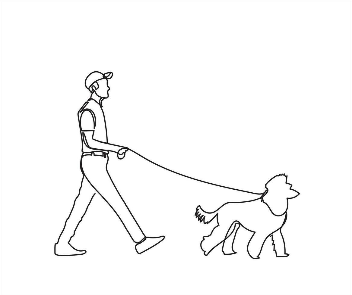 man löpning med hund kontinuerlig linje teckning vektor illustration