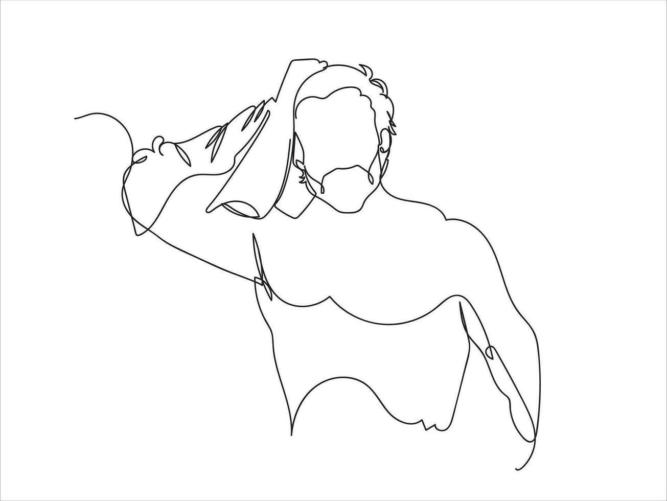 kontinuierlich Linie Zeichnung von ein Mann Trocknen seine Haar mit ein Handtuch Badezimmer vektor