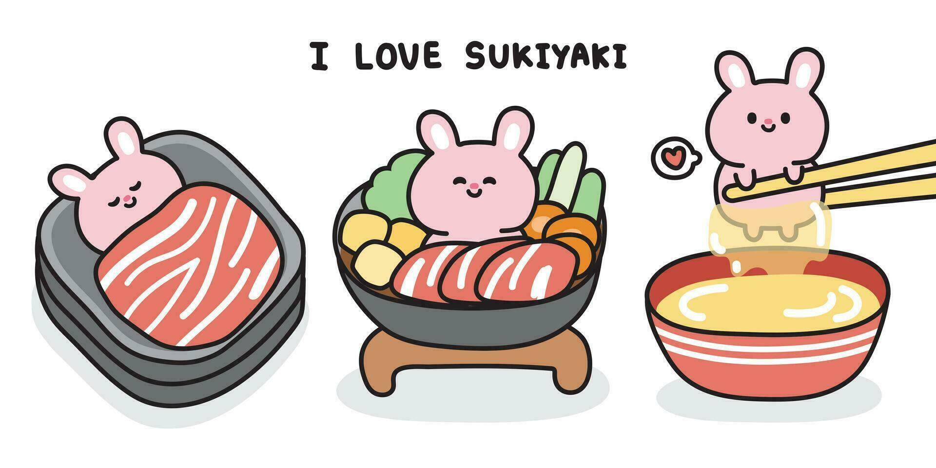 einstellen von süß Hase im Sukiyaki japanisch Essen Konzept.Nagetier Tier Charakter Karikatur design.bunny.meat.raw frisch Ei.Gemüse.asiatisch Mahlzeit.kawaii.Vektorillustration. vektor
