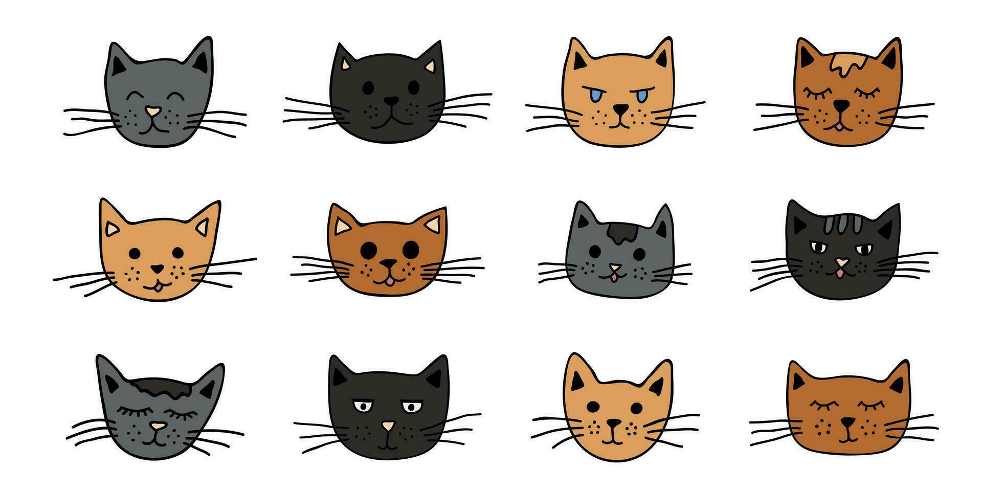 Hand gezeichnet Katze Schnauze Clip Art. süß Haustier Gesicht Gekritzel einstellen vektor