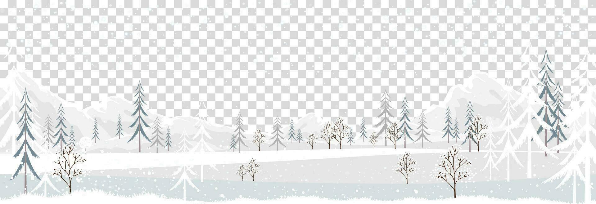 Winter Landschaft mit schneebedeckt bedeckt auf Berg und Wald Baum.Cartoon Horizont Winter Wunderland mit Schneesturm, Weihnachten Hintergrund, neu Jahr Banner vektor