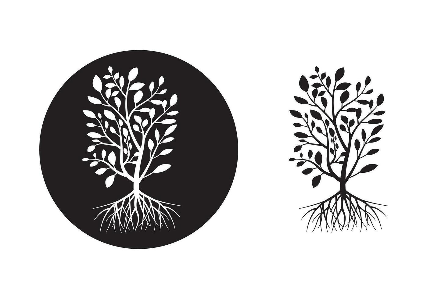 zwei schwarz und Weiß Abbildungen von Bäume mit Wurzeln vektor