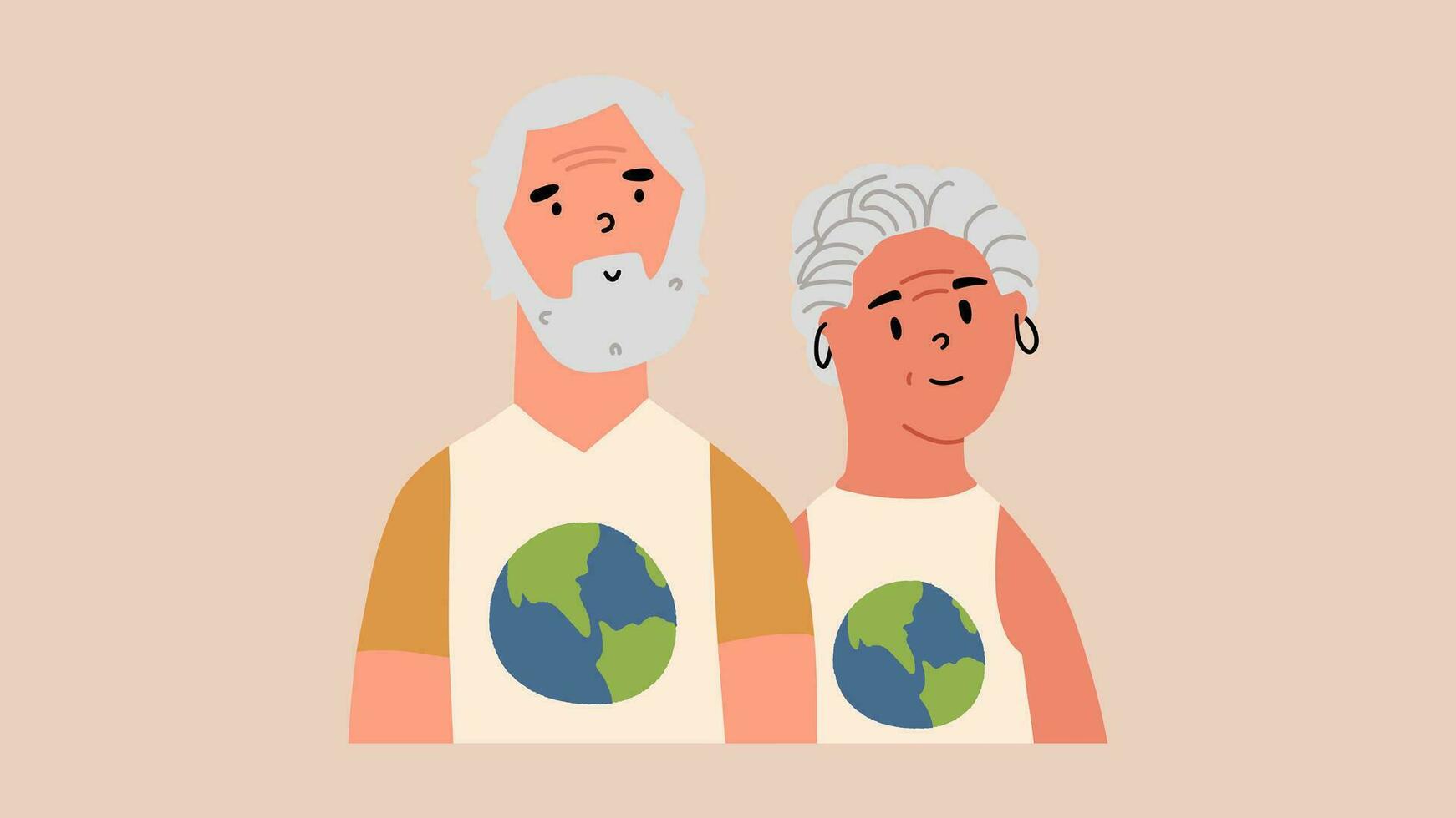 Alten Familie im T-Shirts mit das Planet. das Konzept von Verantwortung, Pflege, Liebe zum das Erde. Vektor Illustration im Hand Zeichnung Stil