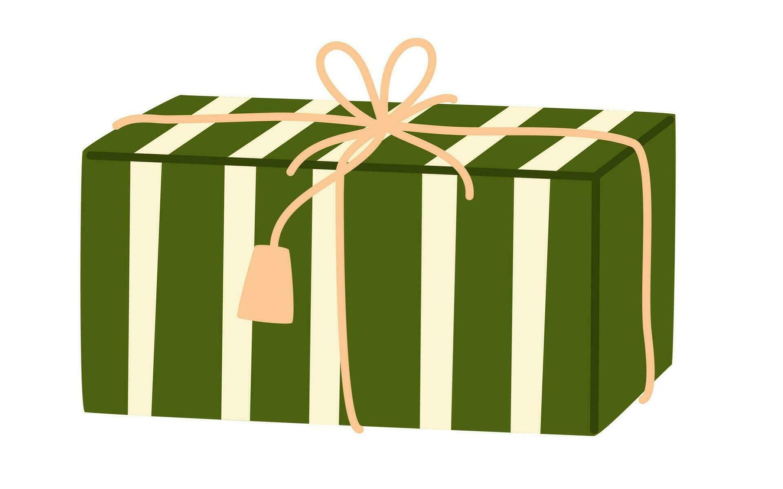 Urlaub Geschenk Box verpackt im festlich Verpackung, dekoriert mit Band Bogen und Schild. Geburtstag gegenwärtig, Weihnachten, Rechteck Paket im festlich Papier. eingewickelt Überraschung. eben Vektor Illustration isoliert