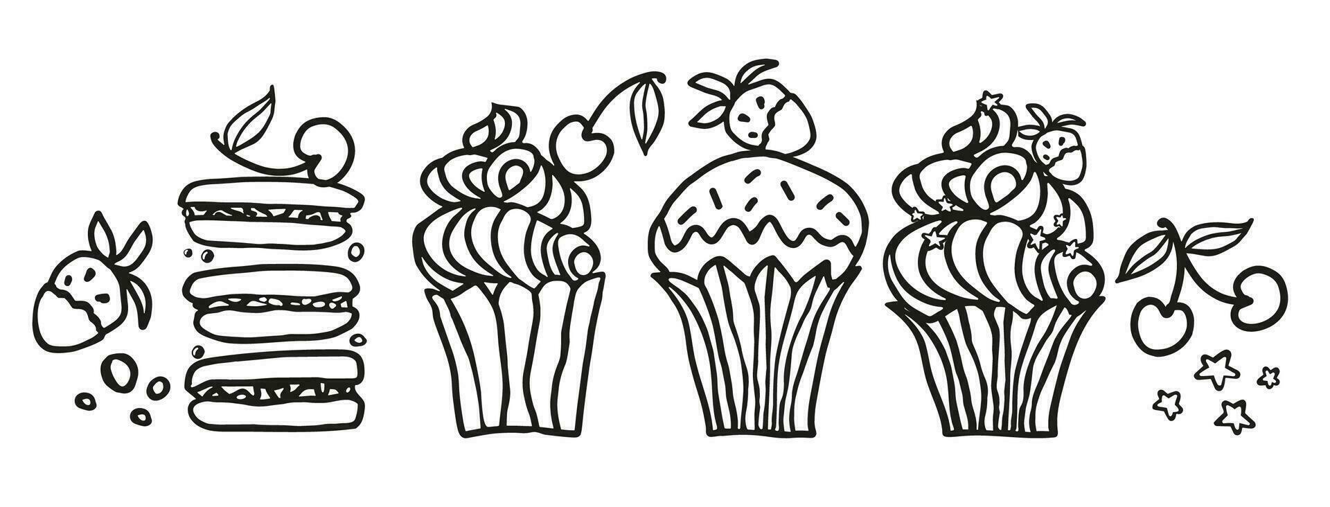 Süss Essen Vektor skizzenhaft Abbildungen Sammlung von Nachspeisen. Makrone, Muffin, Pudding, Kuchen mit Frucht. Hand gezeichnet schwarz und Weiß Vektor Illustration isoliert auf Weiß Hintergrund