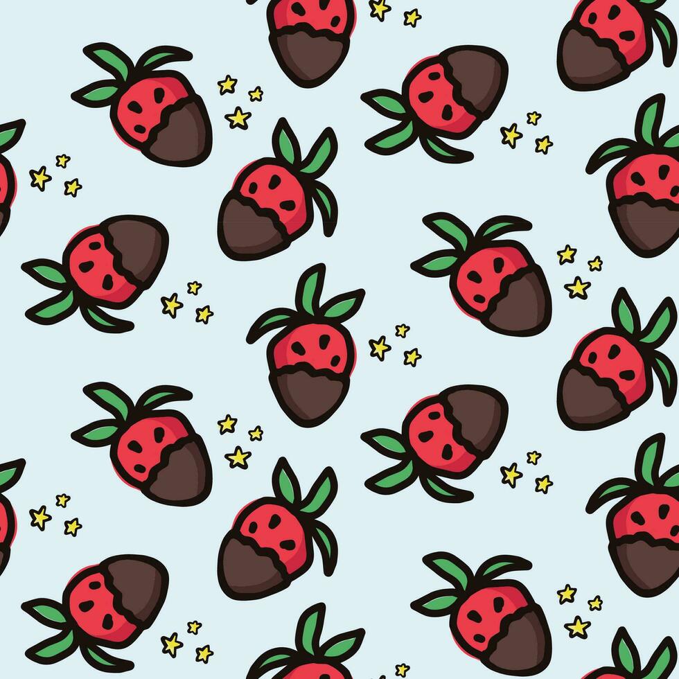 Erdbeere Obst mit Schokolade nahtlos Muster. Sommer- Beeren Früchte Vektor Hintergrund. Hand gezeichnet Gekritzel Illustration zum Abdeckung, Stoff, Hintergrund Textur, Hintergrund, Geburtstag Einladung.