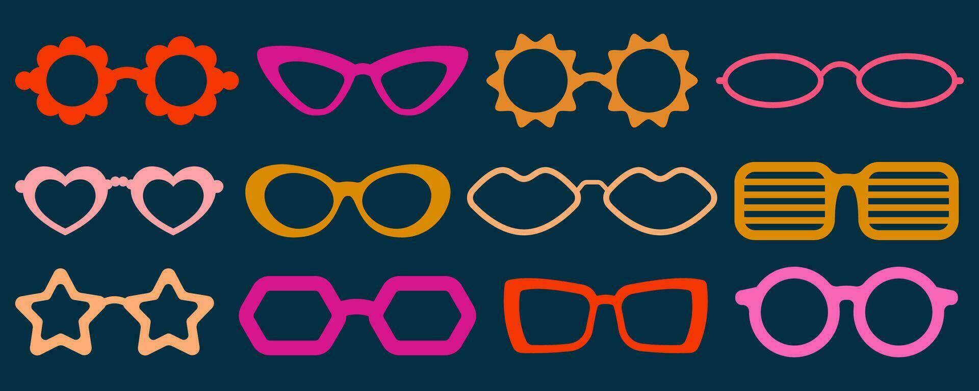 groovig Vektor Sonnenbrille. retro Hippie Brillen. Herz Star und blumenförmig Brille. 70er Jahre funky Design. einstellen von Sommer- Outfit