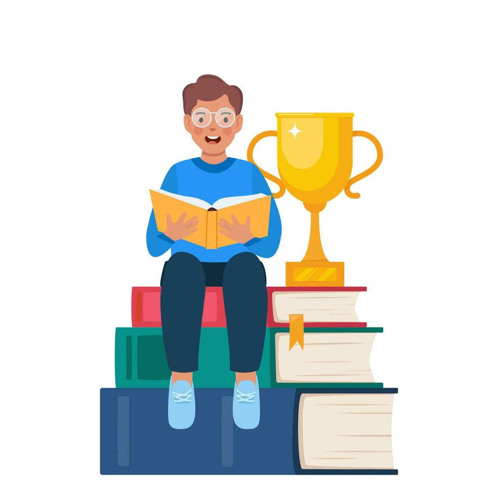 Stapel von Bücher mit golden Tasse Trophäe. Lektüre, Literatur, Enzyklopädie. Junge Sitzung auf das Stapel von Bücher und lesen Buch. Genius Kind. Wissen, Kreativität, Entdeckungen. Vektor Illustration.