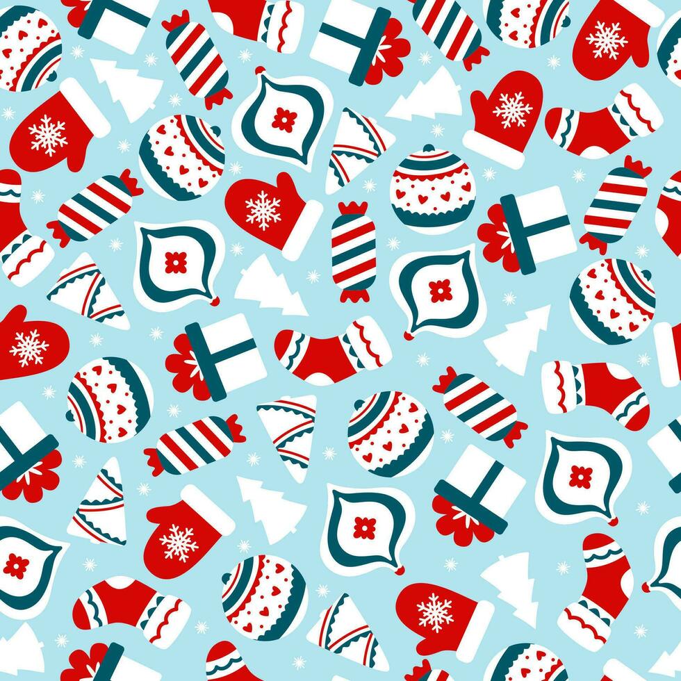 Weihnachten Muster mit Süssigkeit, Weihnachten Socken Schneeflocken, Weihnachten Bälle auf Blau Hintergrund. glücklich Neu Jahr Design. Winter Urlaub Konzept. Vektor Illustration.