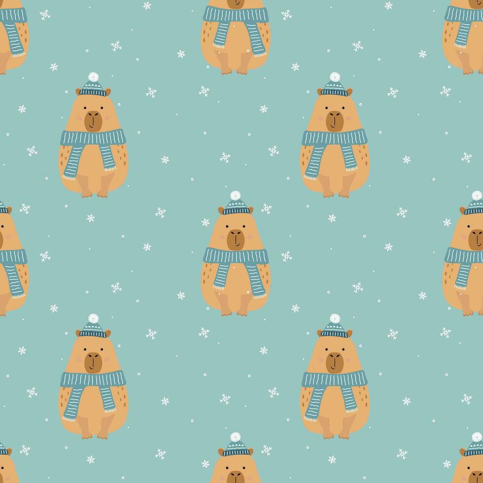 Lycklig ny år sömlös mönster. söt tecknad serie capybara med hatt och scarf vektor