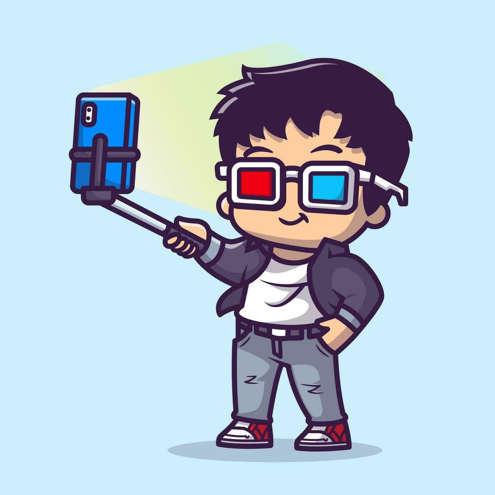 cool Junge nehmen Selfie mit Telefon Karikatur Vektor Symbol Illustration. Menschen Technologie Symbol Konzept isoliert Prämie Vektor. eben Karikatur Stil