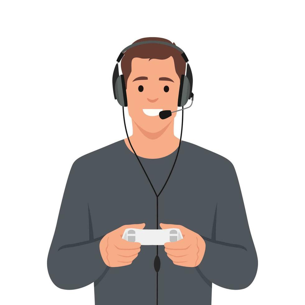 ung Lycklig man spelar video spel innehav joystick och bär hörlurar. vektor