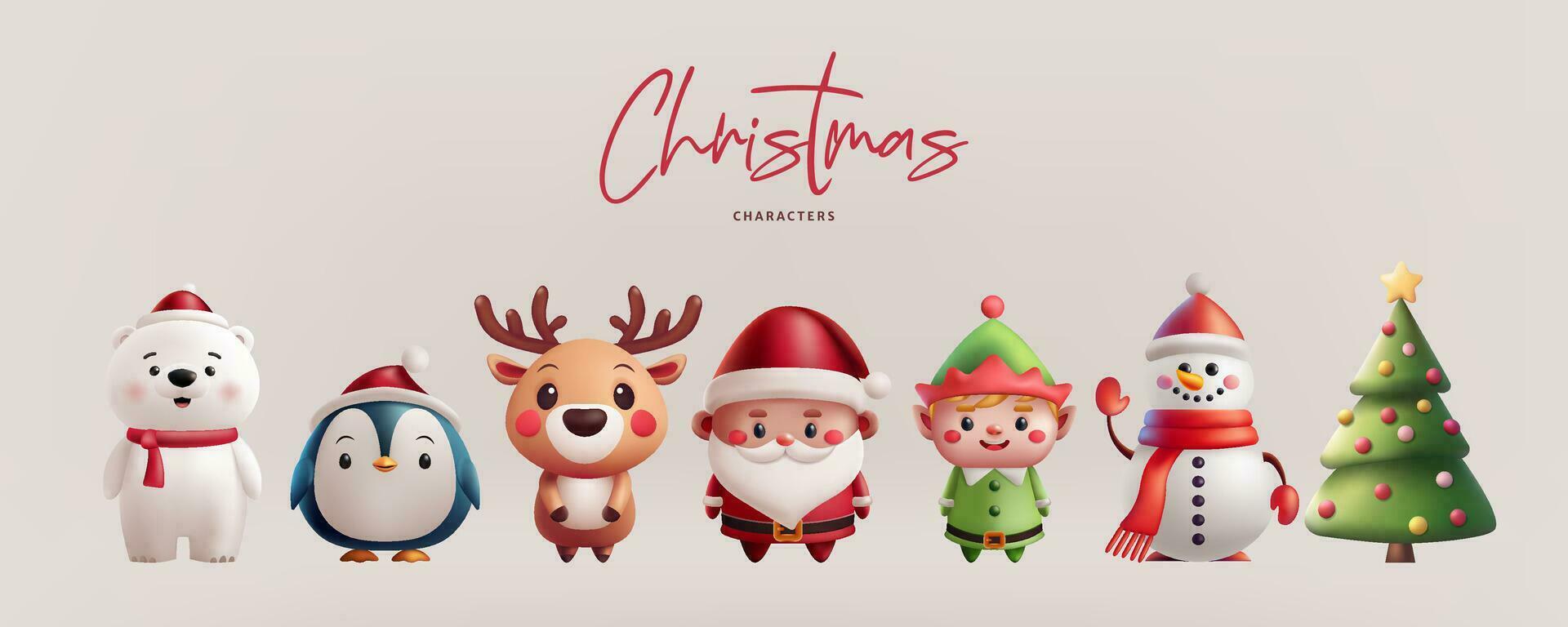 Weihnachten Illustration einstellen süß 3d Figuren. Weihnachtsmann, ein Rentier, ein Elf, ein Pinguin, ein Polar- tragen, und ein Schneemann, Weihnachten Baum. perfekt zum Urlaub Schöne Grüße und Dekorationen. nicht ai generiert. vektor
