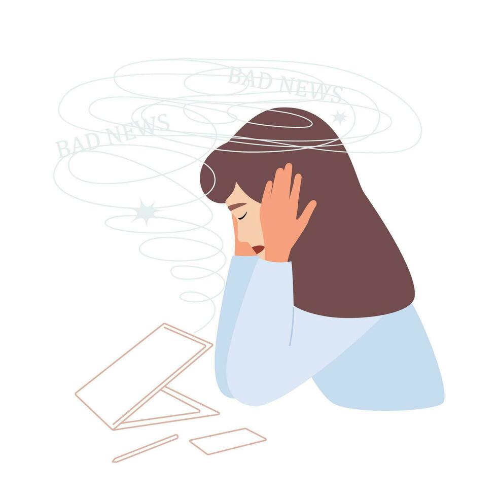 ledsen angelägen flicka med bärbar dator, läsning dålig Nyheter, meddelande i internet. negativ känsla. platt vektor illustration isolerat på vit bakgrund.