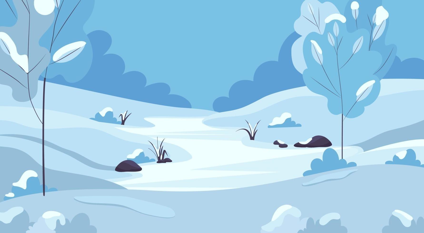 Winterlandschaft mit schneebedeckten Bäumen, Hügeln und zugefrorenem Fluss. vektor