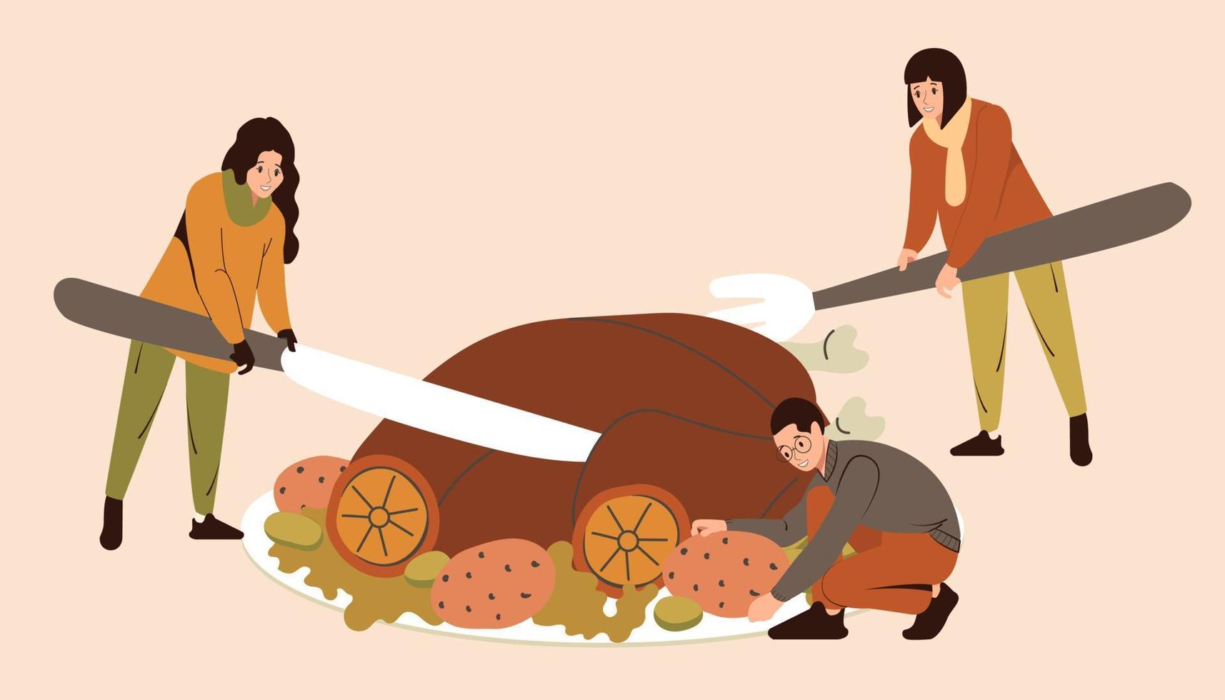 människor firar tacksägelsedag. en man och kvinnor slaktare en kokt kalkon. festlig middag. platt vektor illustration