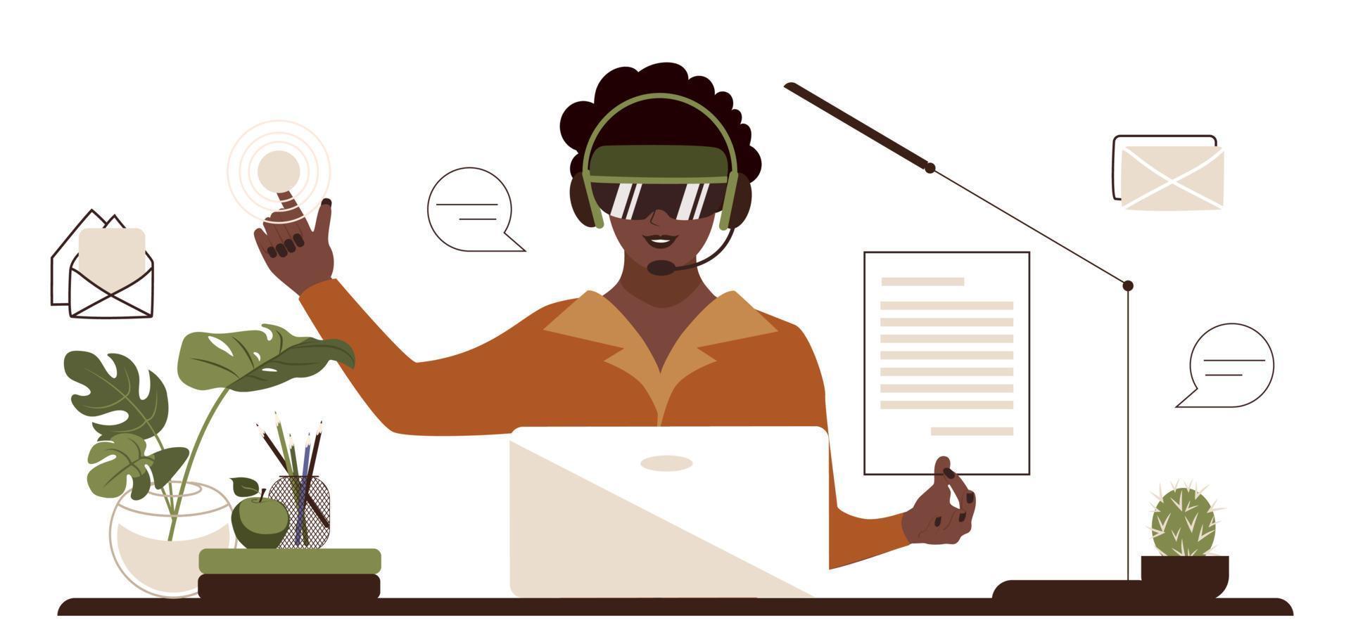 afroamerikansk kvinna i vr -glasögon arbetar på kontoret. kvinnan vid bordet använder en interaktiv panel och virtuell dokumentation. platt affär vektor illustration