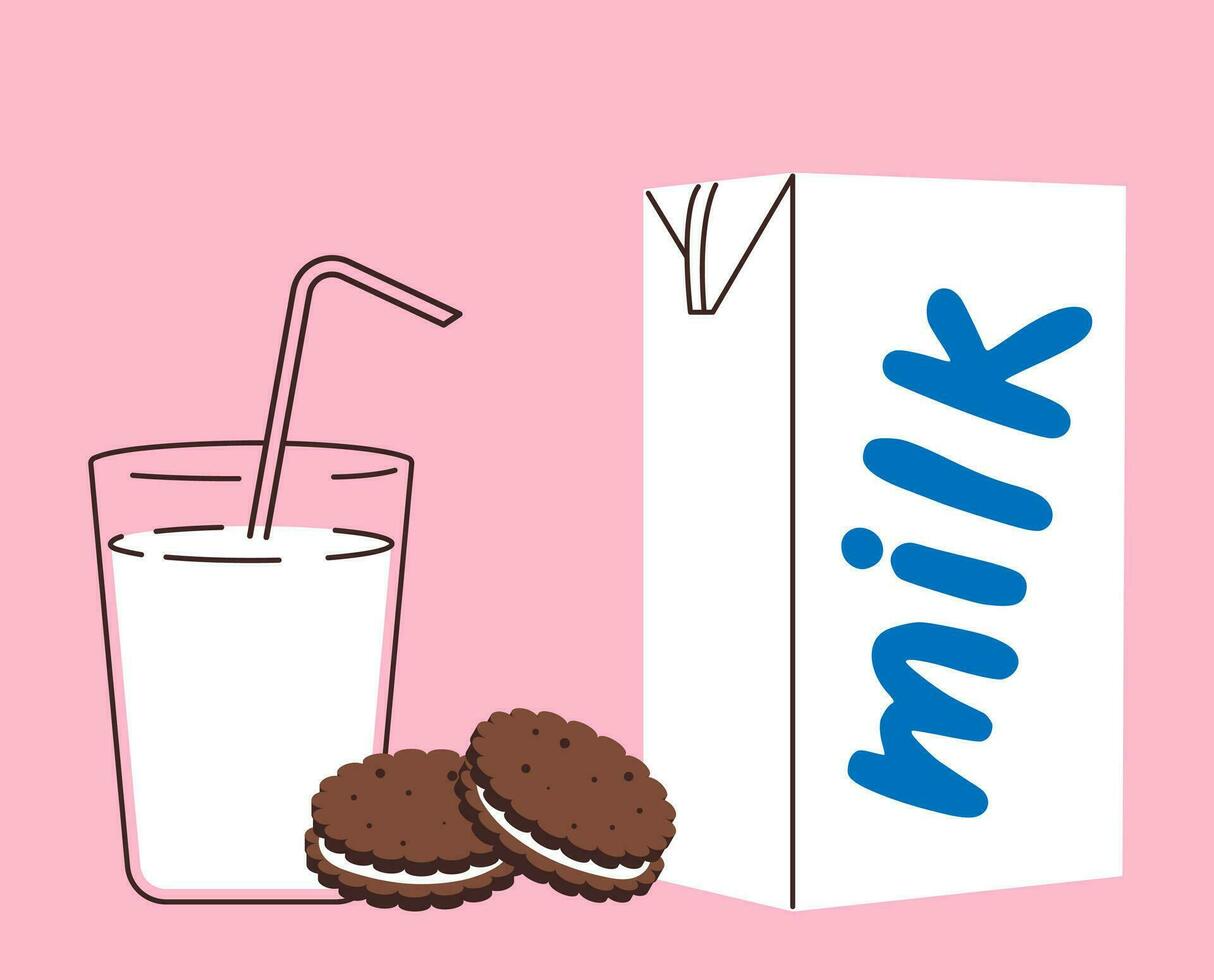 Glas von Milch und Milch Verpackung im eben Stil. Vektor Illustration von Frühstück, ein Glas mit Milch und Kekse und ein groß Papier Paket von Milch. Minimalismus.