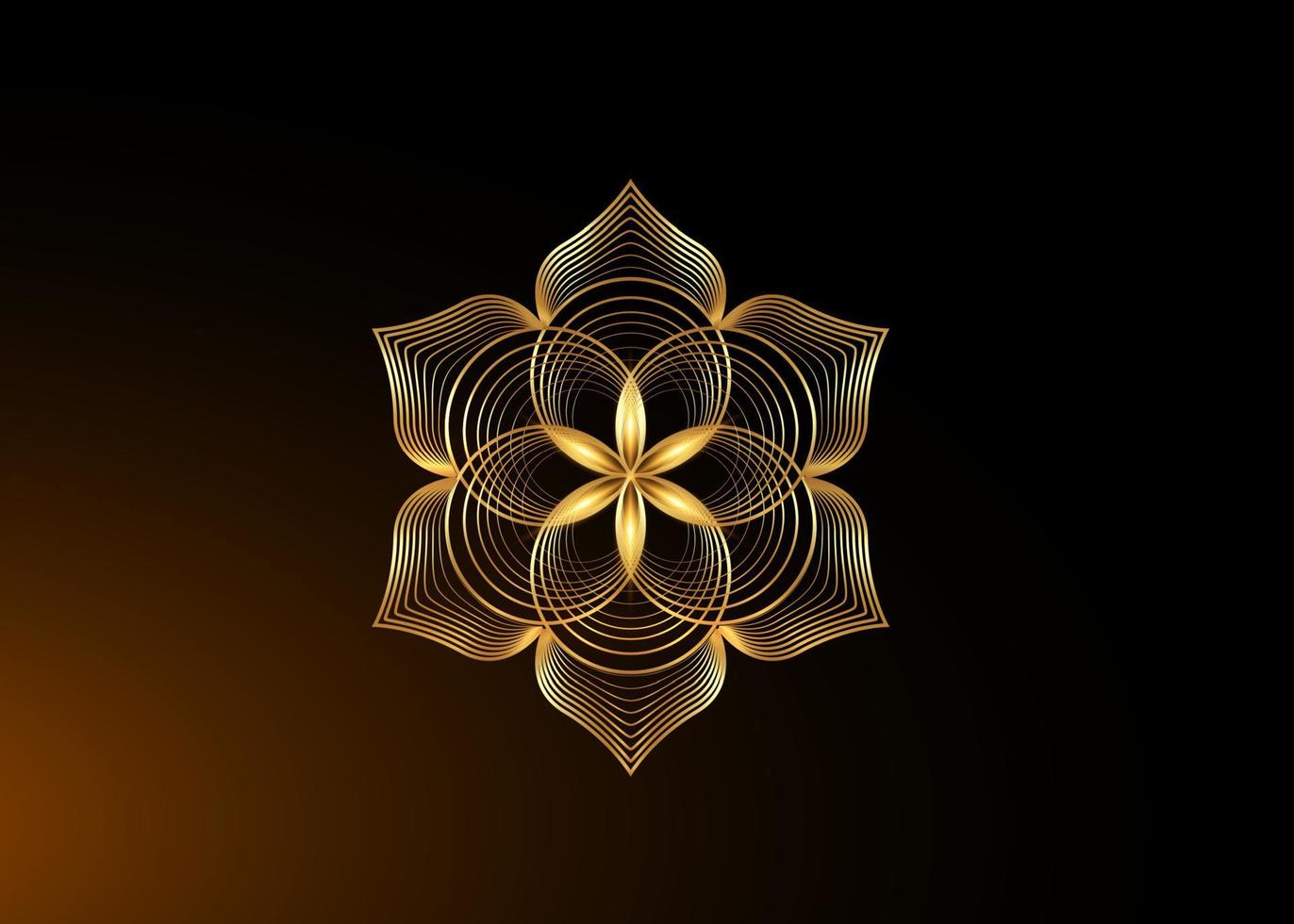 livets frö symbol helig geometri. guld logotyp ikon geometrisk mystisk mandala av alkemi esoterisk blomma av liv. sammanflätade guldcirklar, vektor gudomlig meditativ amulett isolerad på svart bakgrund