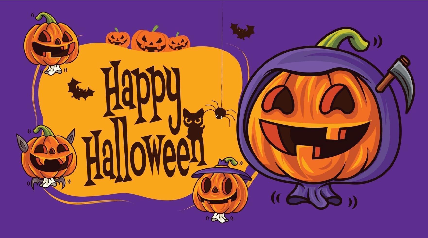 Cartoon süße Kürbisse mit verschiedenen lustigen Gesichtern auf Halloween-Schildern vektor