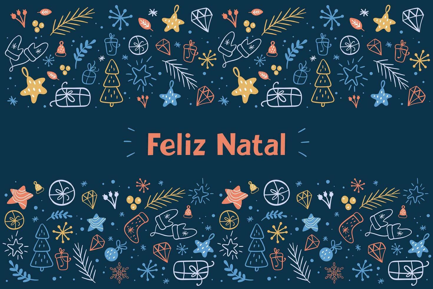 glad jul i portugisiska med färgrik utsmyckningar. mörk bakgrund. handskar, tall träd, jul bollar, gåva, stjärnor, grenar. vektor