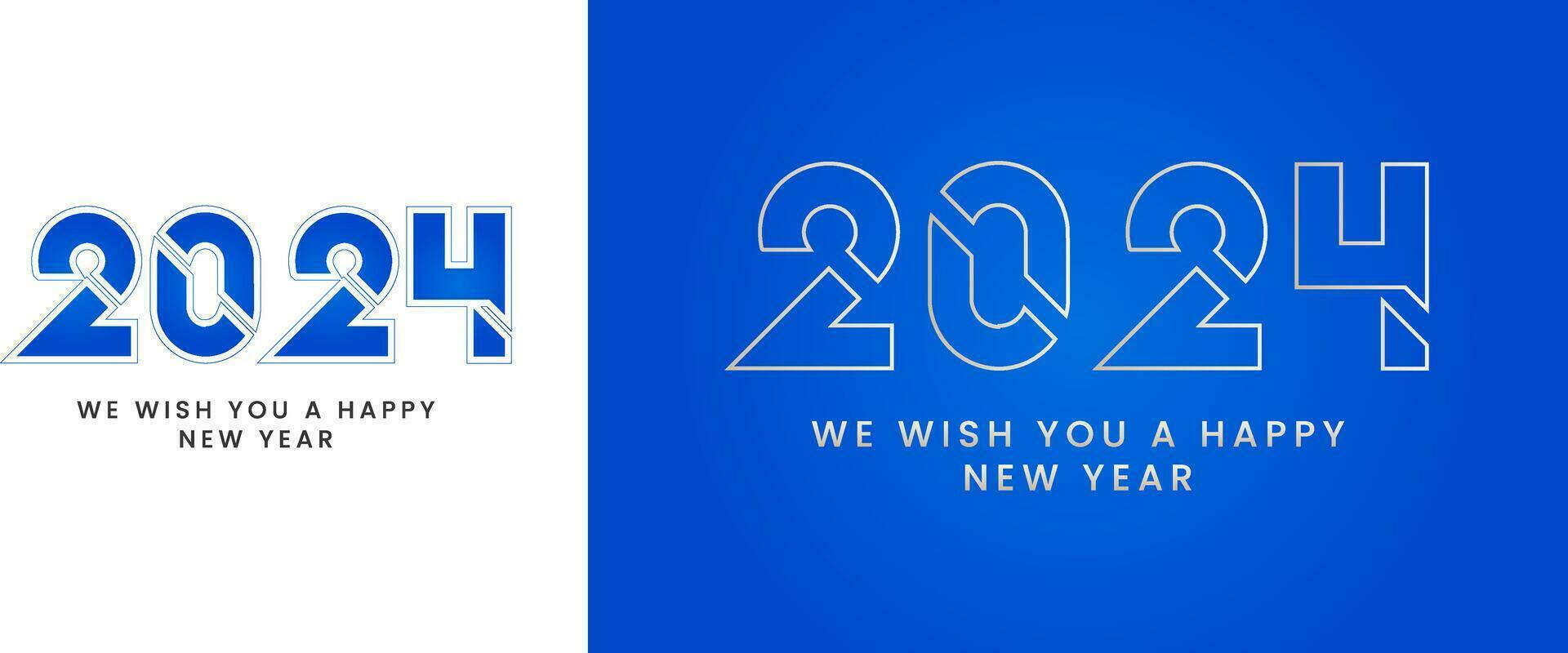 glücklich Neu Jahr 2024 Linie und Fett gedruckt Licht Blau Neon- Typografie. 2024 Symbol Logo vektor
