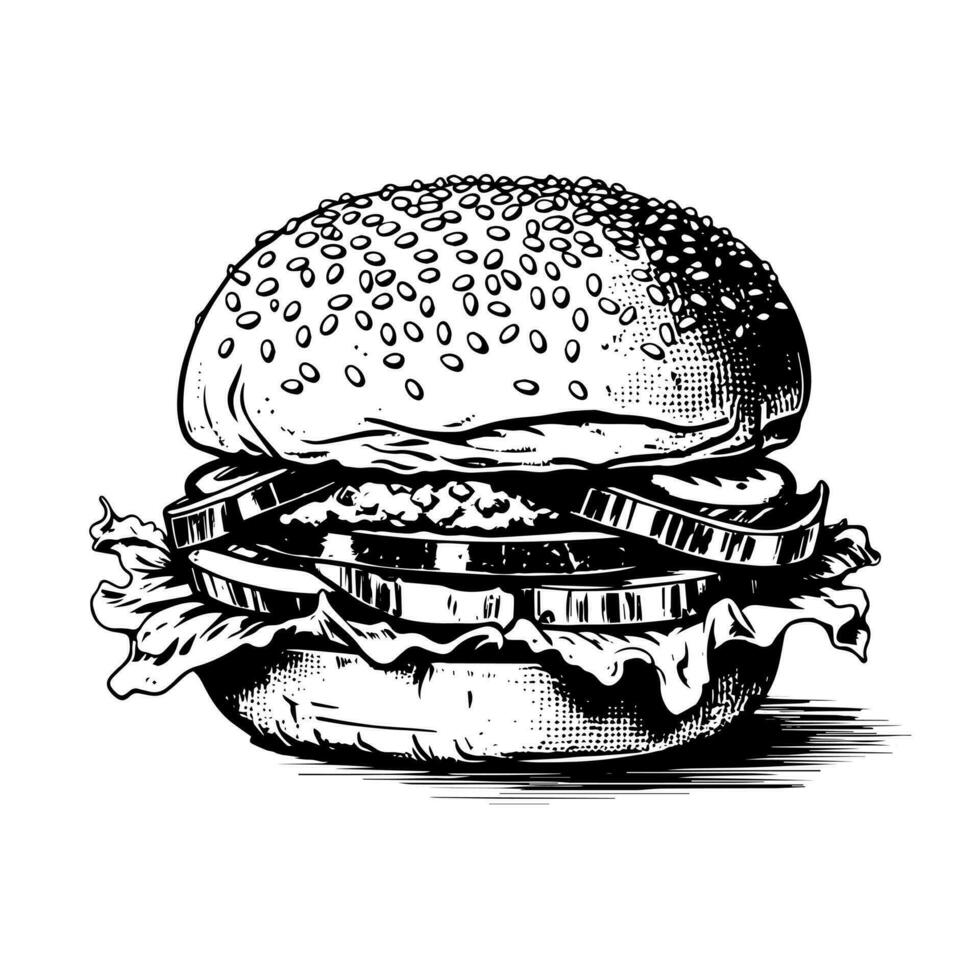 Hamburger, Fleisch Burger. Vektor Illustration im Gravur Stil.