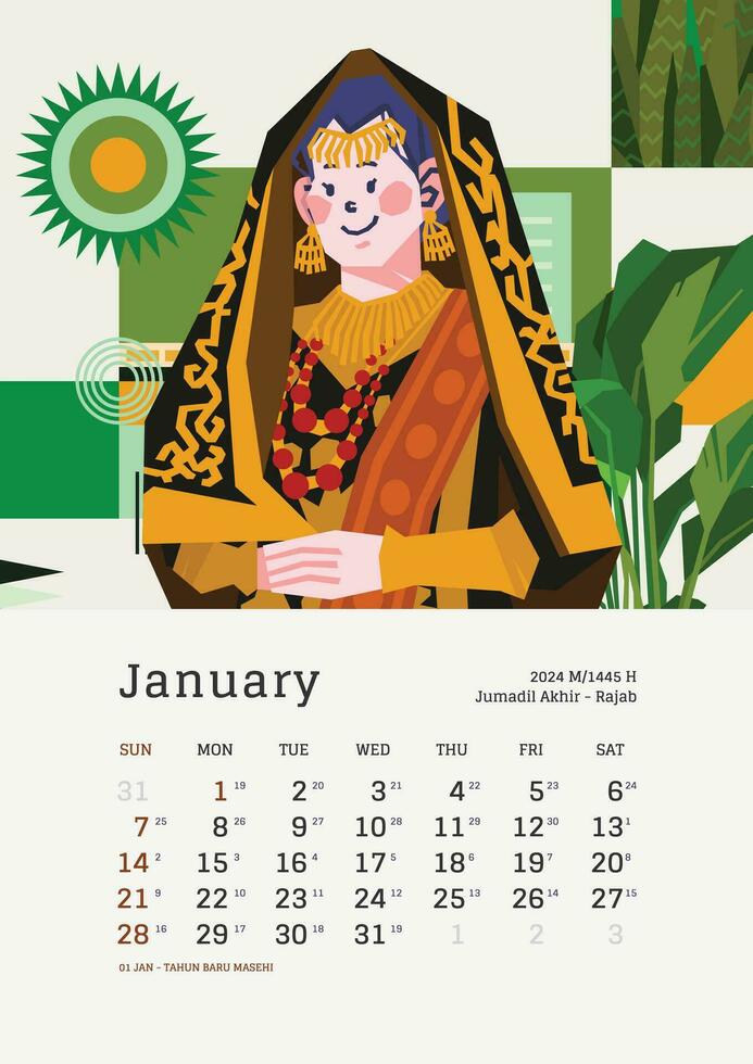 januari en gång i månaden kalender med indonesien nationell Semester mall layout redigerbar text vektor