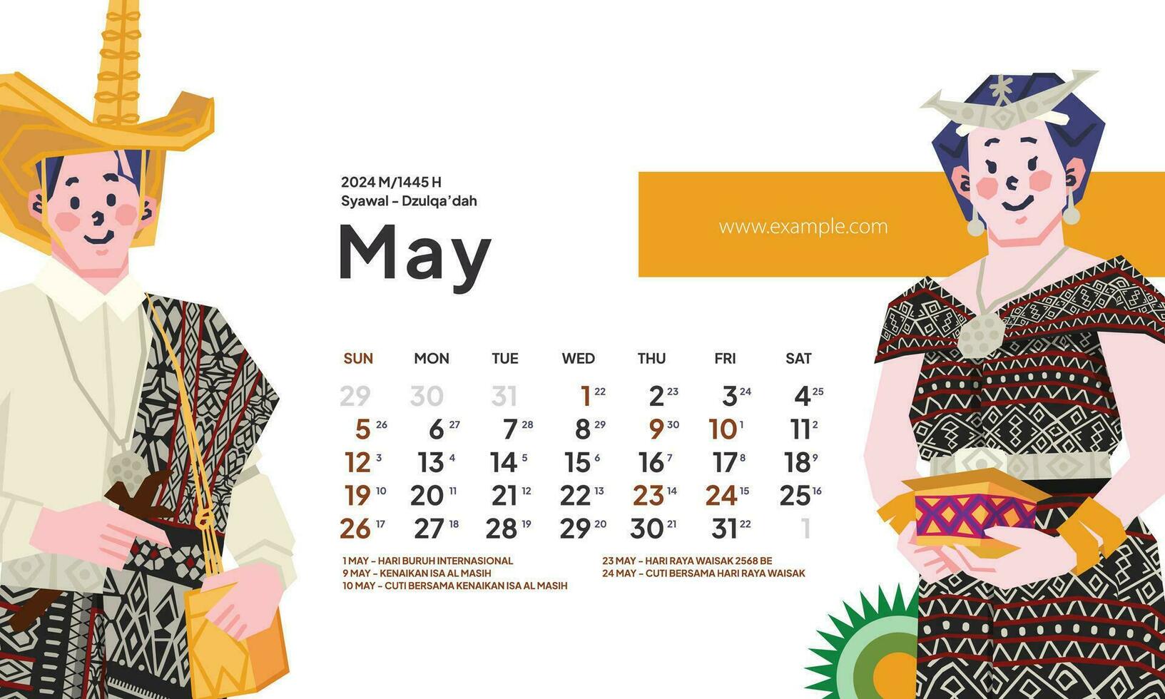 Maj 2024 kalender med indonesien nationell Semester landskap mall layout redigerbar text vektor