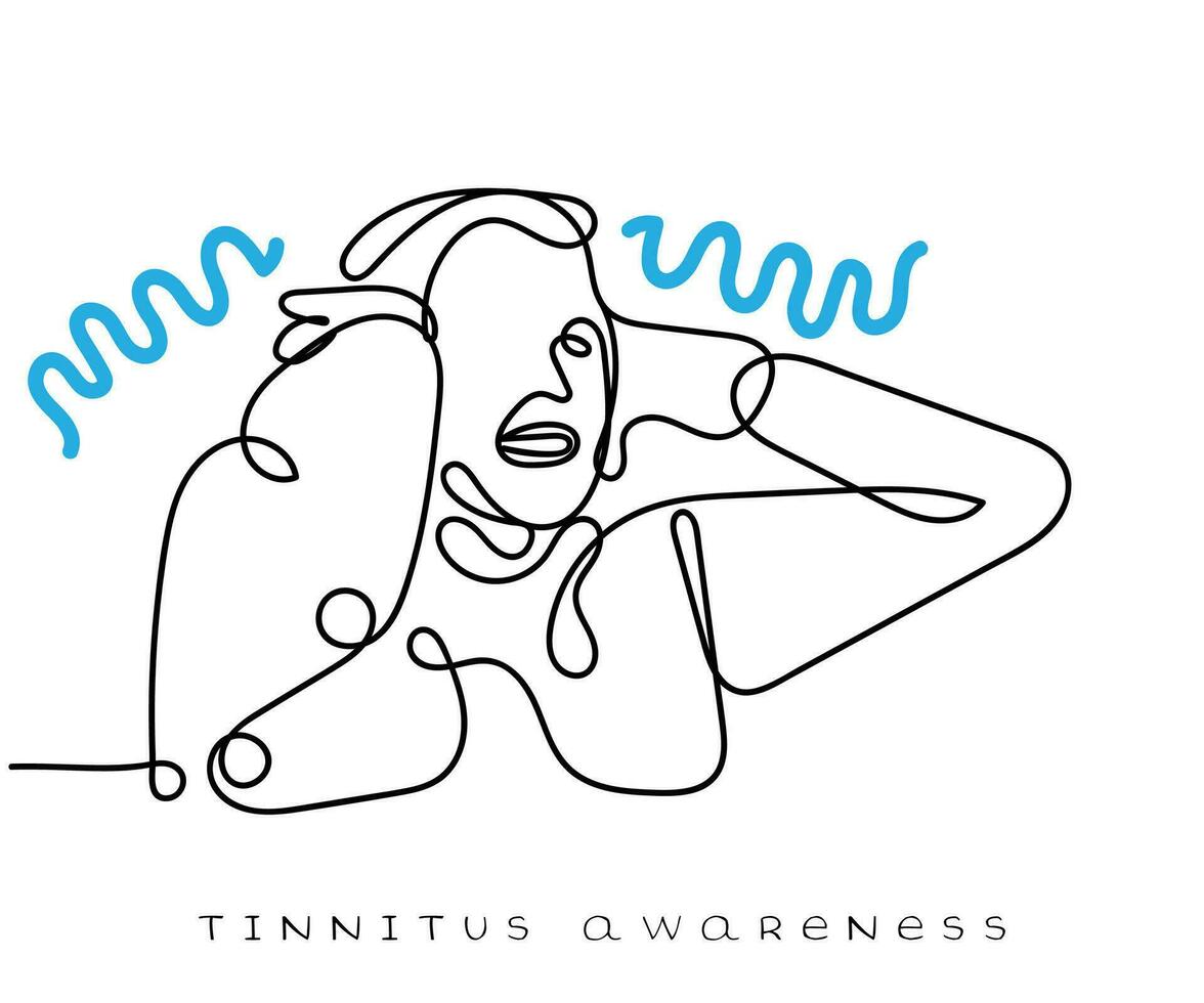 linje konst av människor lidande från tinnitus. ringande öra vektor konst.