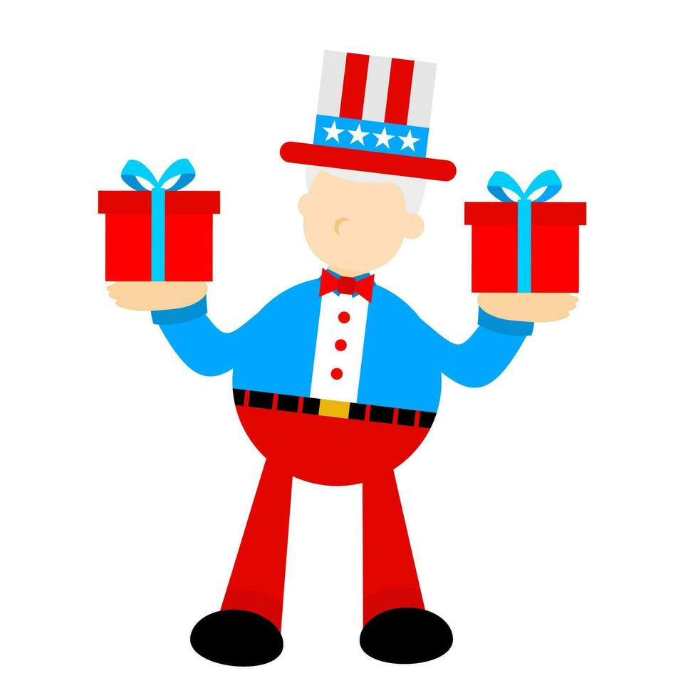 Onkel Sam Amerika Liebe Geschenk Box Karikatur Gekritzel eben Design Stil Vektor Illustration