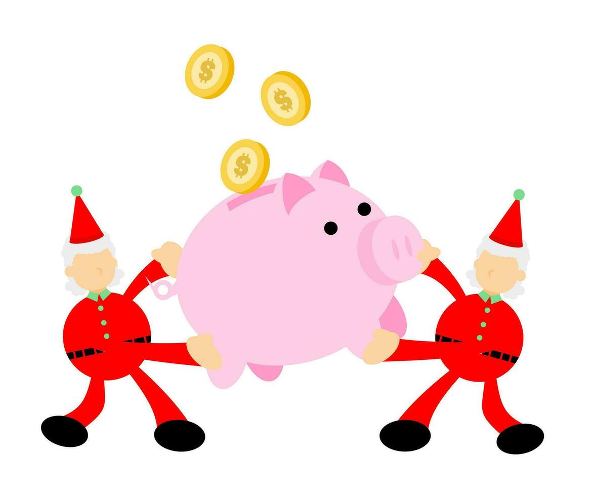 Lycklig jul röd santa claus och gris Bank pengar dollar ekonomi tecknad serie klotter platt design illustration vektor illustration