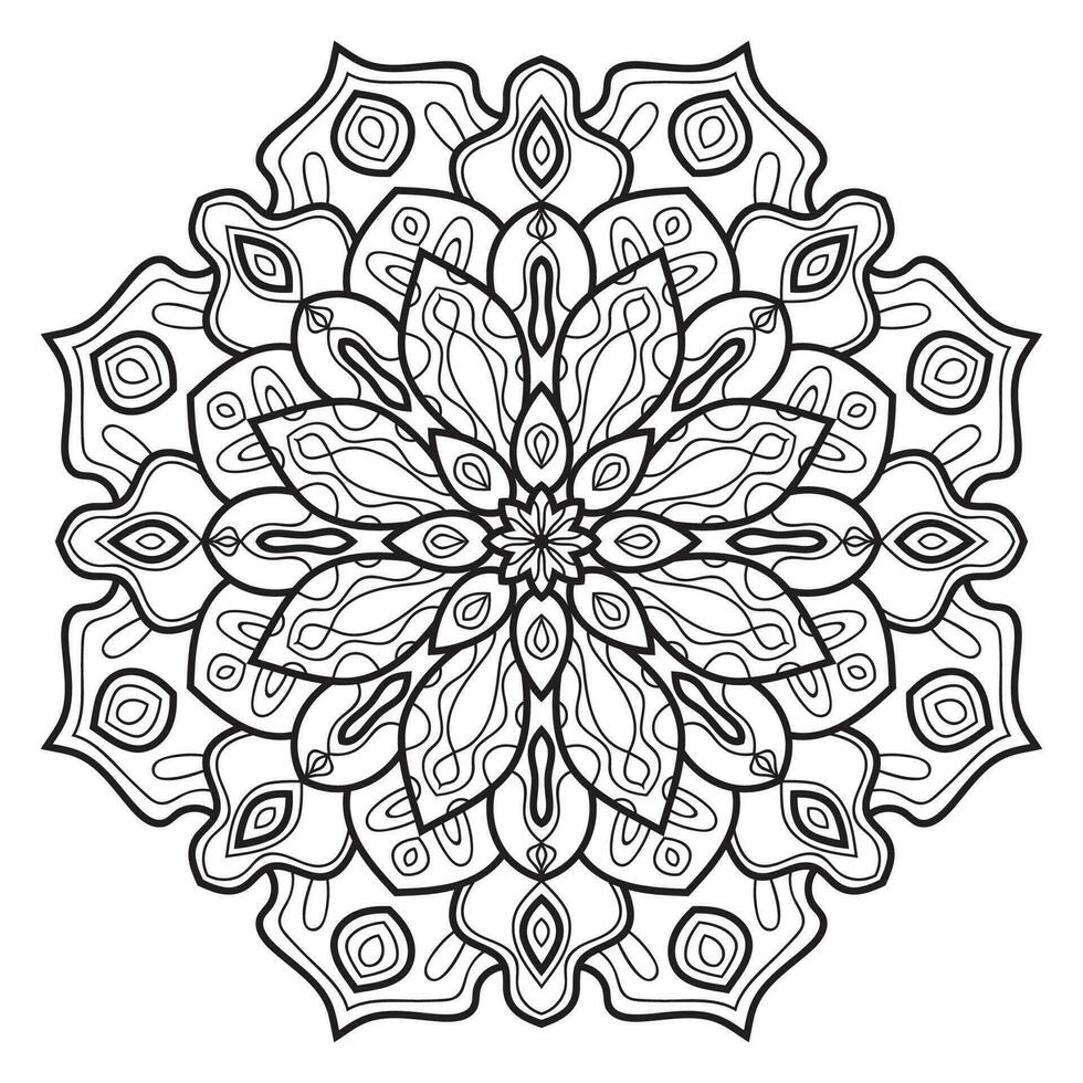 Blumenmandala mit schwarzem Umriss. kritzeln sie rundes dekoratives element für das malbuch, das auf weißem hintergrund lokalisiert wird. floraler geometrischer Kreis. vektor