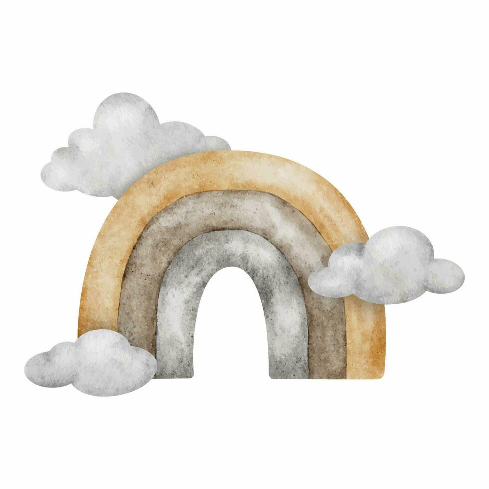 Beige Regenbogen mit Wolken. süß Baby Aquarell Illustration. isoliert. Design zum Logo, Kinder Waren, Kleidung, Textilien, Postkarten, Baby Dusche und Kinder- Zimmer vektor