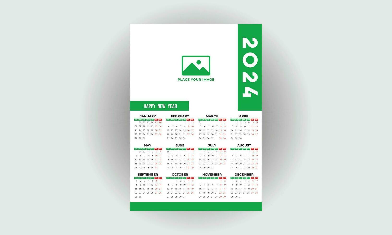 2024 einer Seite Mauer Kalender Design Vorlage, modern 12 Monate einer Seite Kalender drucken bereit, Woche beginnt auf Sonntag vektor