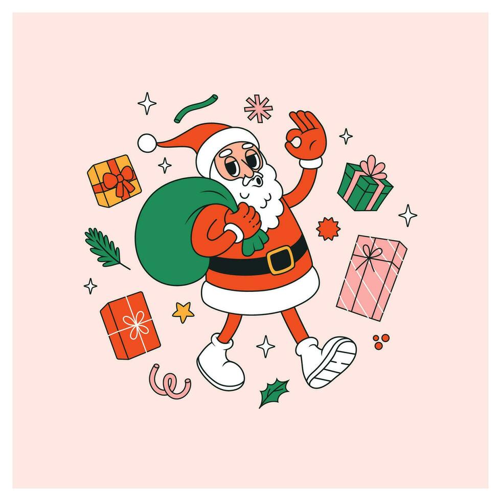glad jul kort med tecknad serie santa claus och gåvor. hälsning kort, affisch, mall. vektor illustration i retro stil.