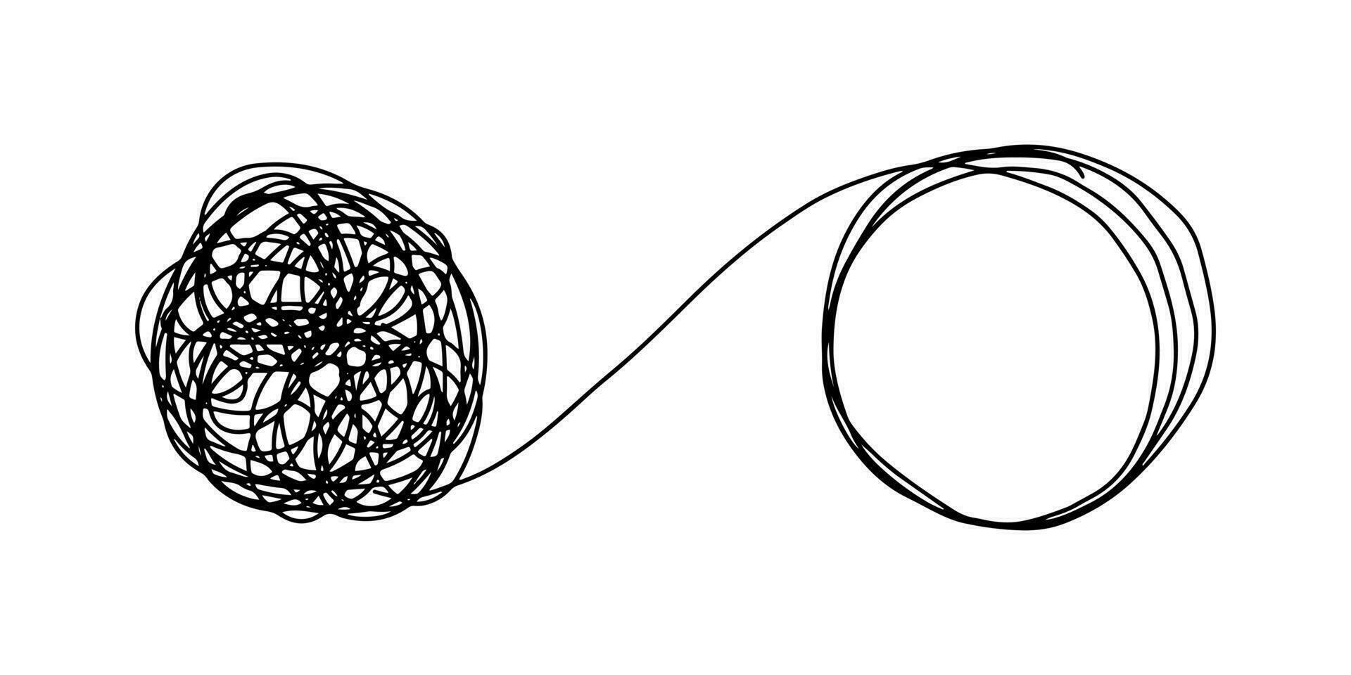 Gekritzelskizzenart der handgezeichneten Verwirrungsklarheitsvektorillustration für Konzeptdesign. Vereinfachung des Komplexen. unordentliche Linie wie auf harte und einfache Weise. vektor