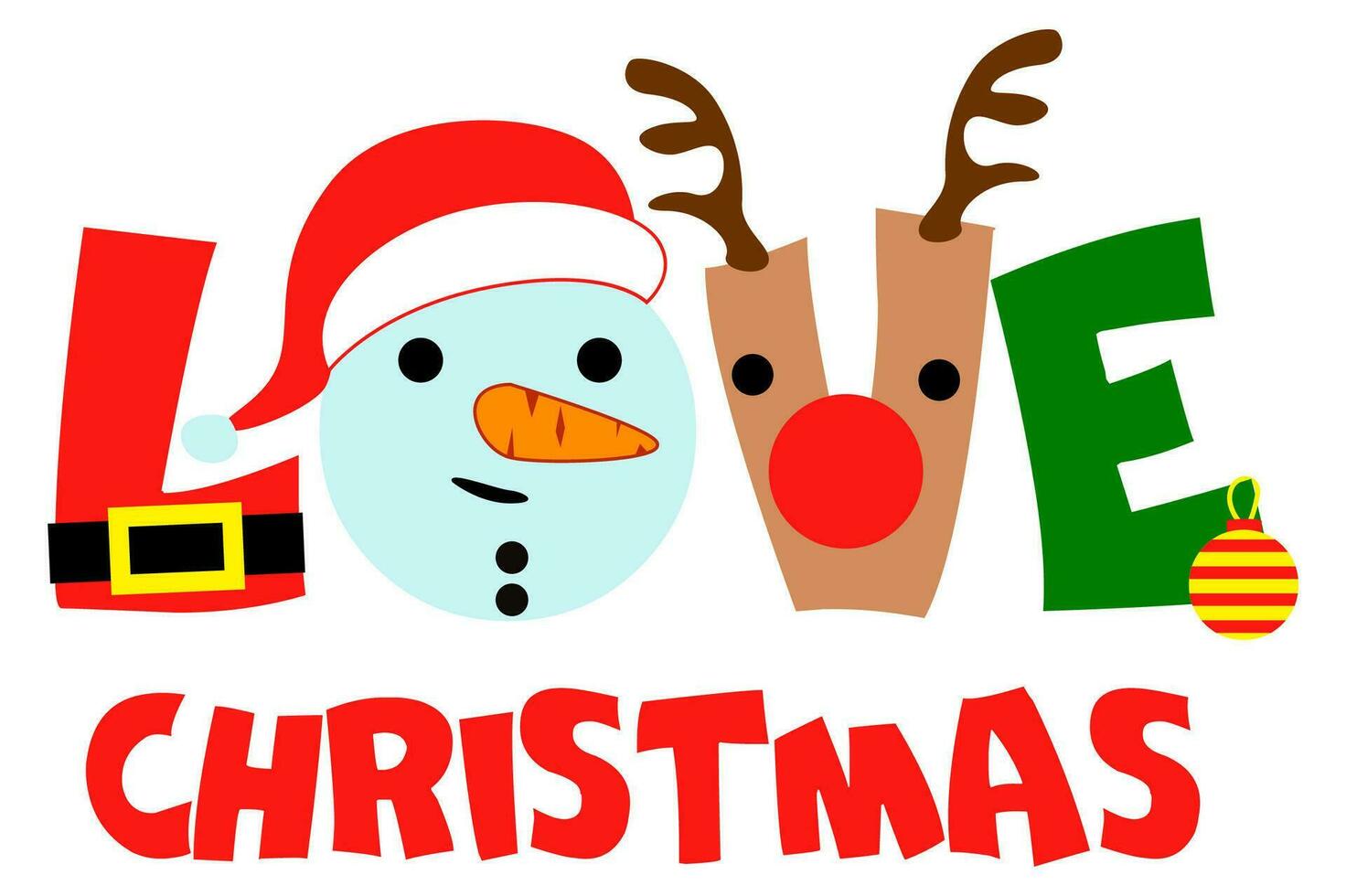 Text Liebe Weihnachten - - Weihnachten Gruß Typografie, mit Santa Hut, Reh, und Schneemann. Urlaub zitieren, Dekoration zum Gruß Karten. vektor